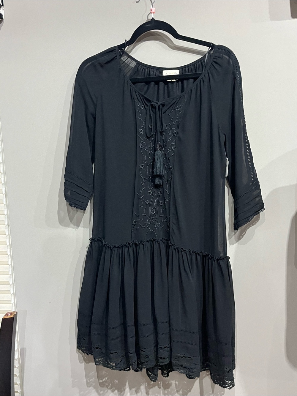 Black Embroidered Peasant Dress - Women